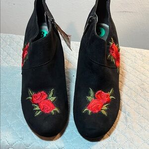 Black Ankle Boots with Red Rose Embroidery